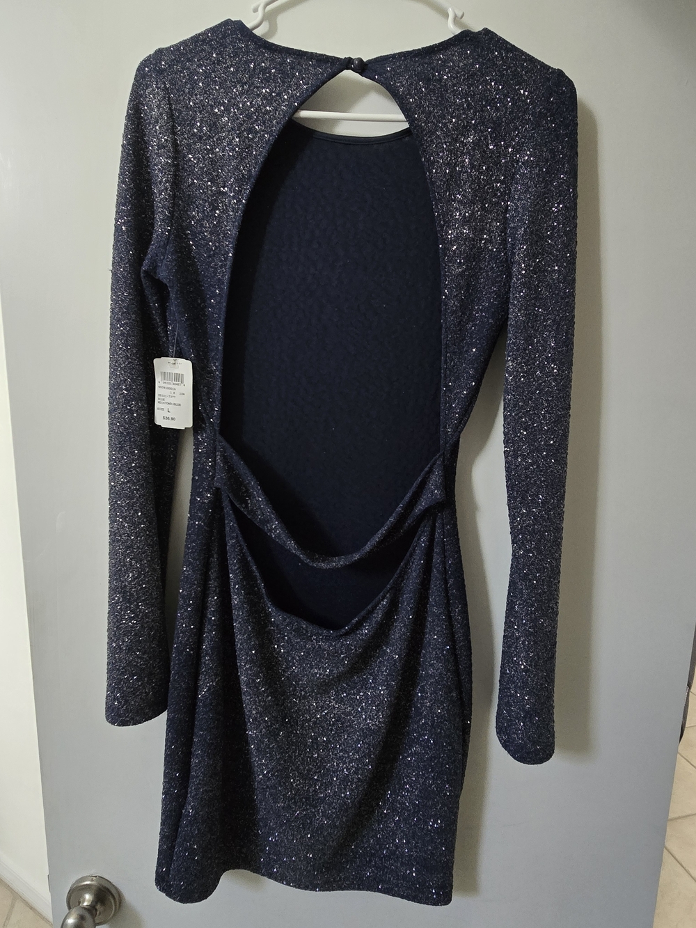 Windsor Glitter Open-Back Long Sleeve Dress - Navy